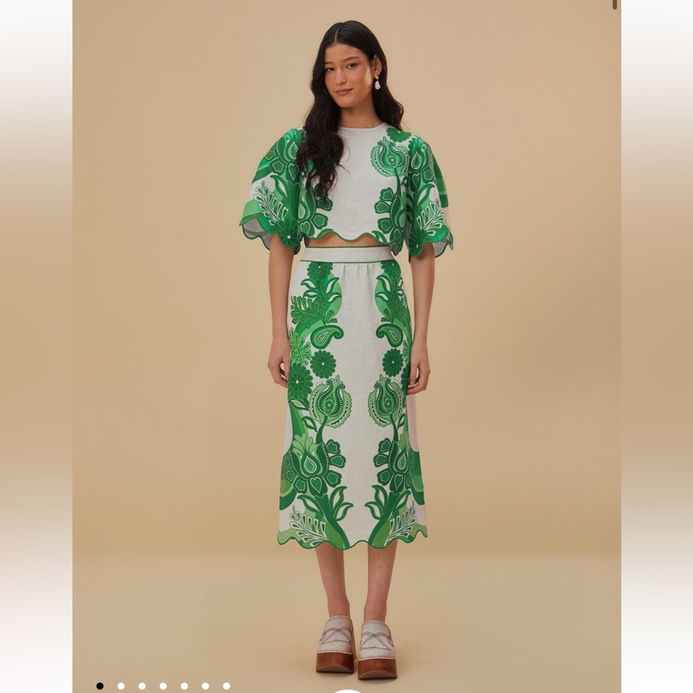 NWT Farm Rio Set Green Color Festival Euroflax Midi Skirt and Top